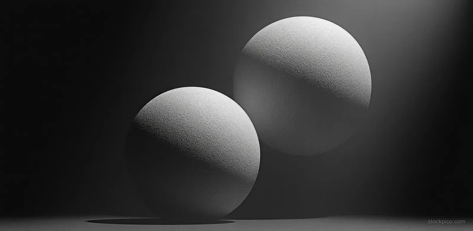 Two minimalist white spheres on a dark background with a soft grainy gradient and glow.