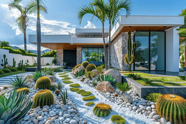 Southwestern front yard with white pebble paths, cacti, and palm trees beside a modern home