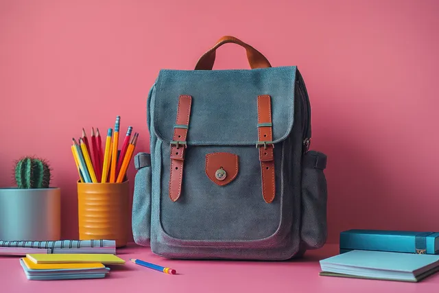 Gray backpack centered on a pastel pink desk with pencils and notebooks laid out around it.