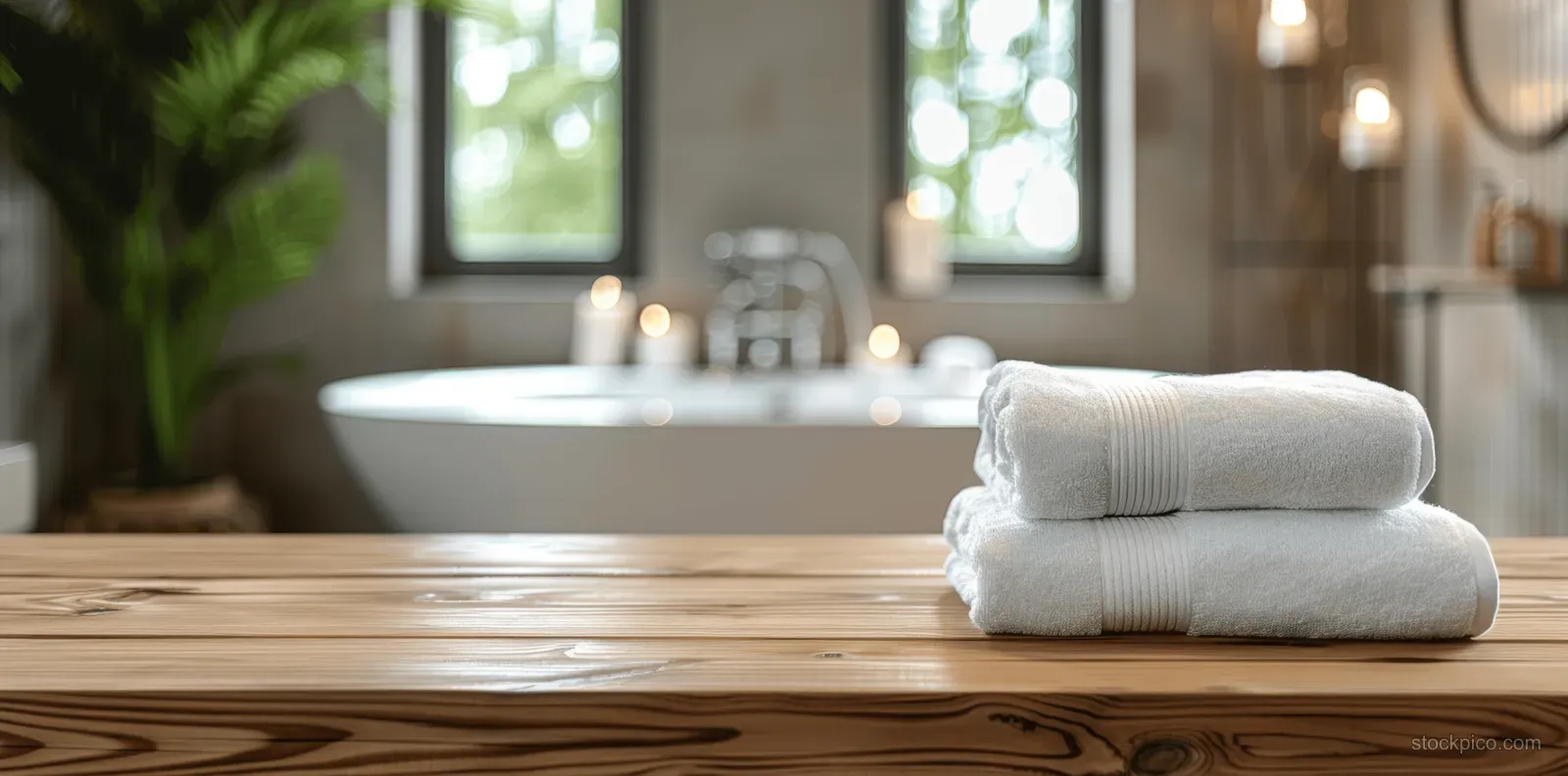 Rolled white towels rest on a wooden bathroom tabletop with a blurred modern sink in the background.