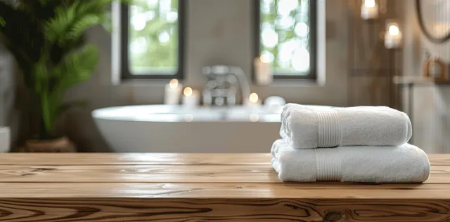 Wooden bathroom tabletop with rolled towels and bright sink background for product placement space