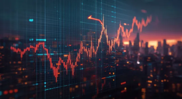 Red candlestick financial chart overlays a blurred city skyline at sunset with glowing grid lines.