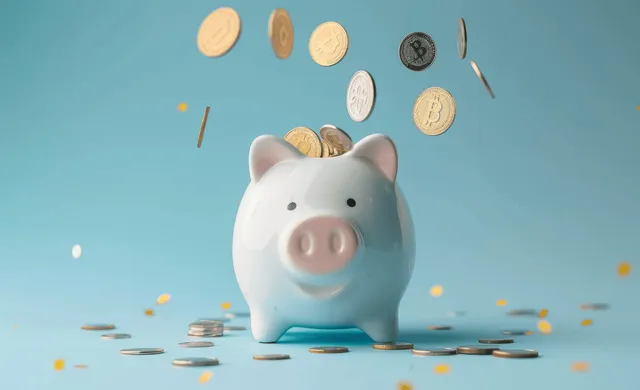 Piggy bank with coins falling on a blue background