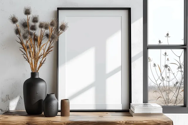 Minimalist black picture frame mockup on white wall beside a wooden console and dark thistle vase with Dried Flower Arrangement
