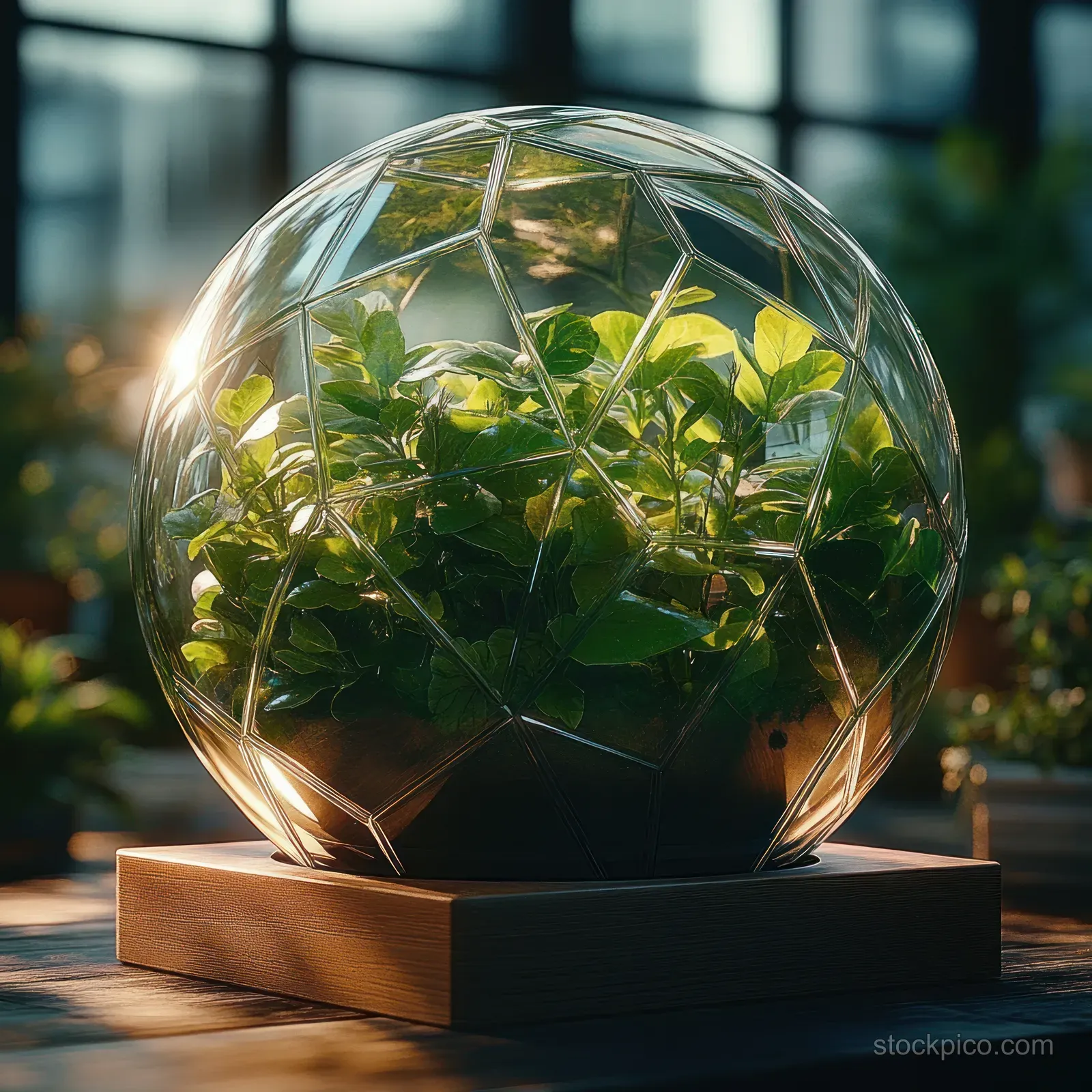 Green leafy houseplants grow inside a geometric glass terrarium on a wooden base with soft backlighting.