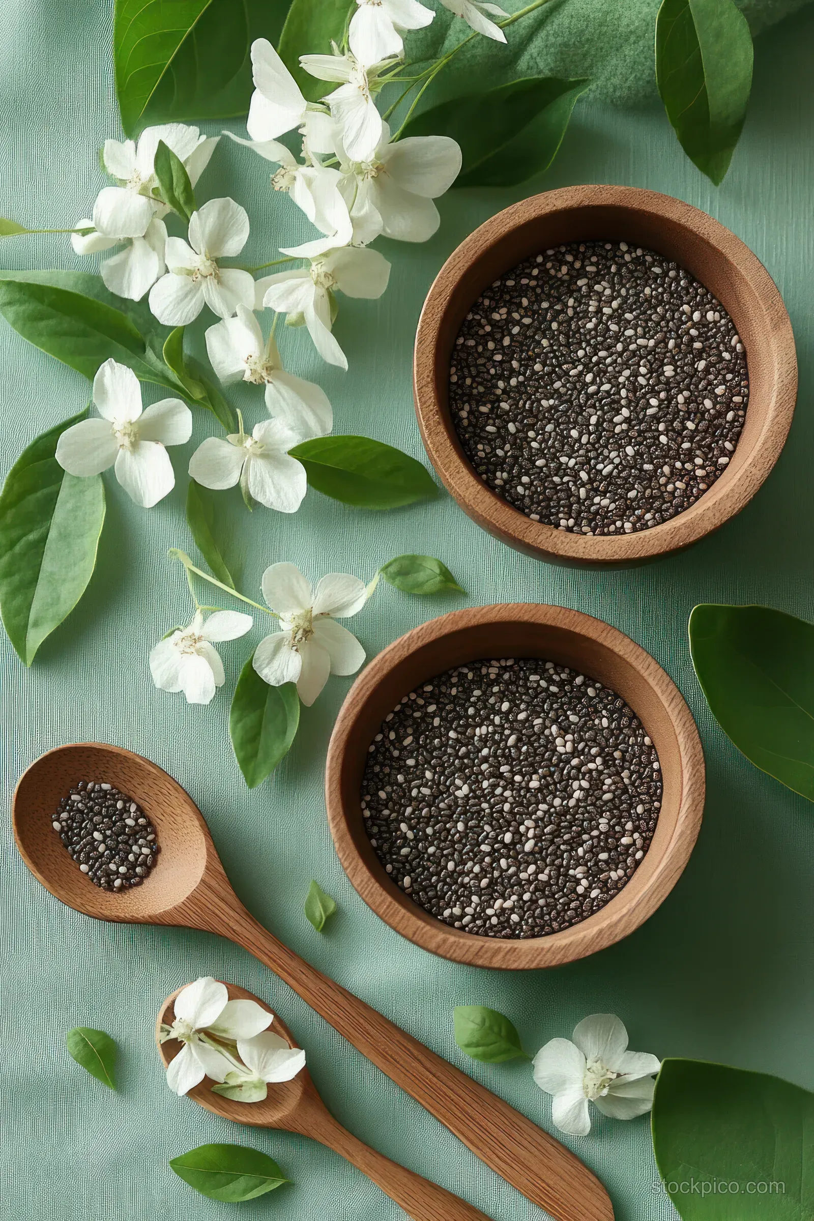 Chia seeds fill two wooden bowls and spoons atop a soft green surface with green leaves and white flowers.