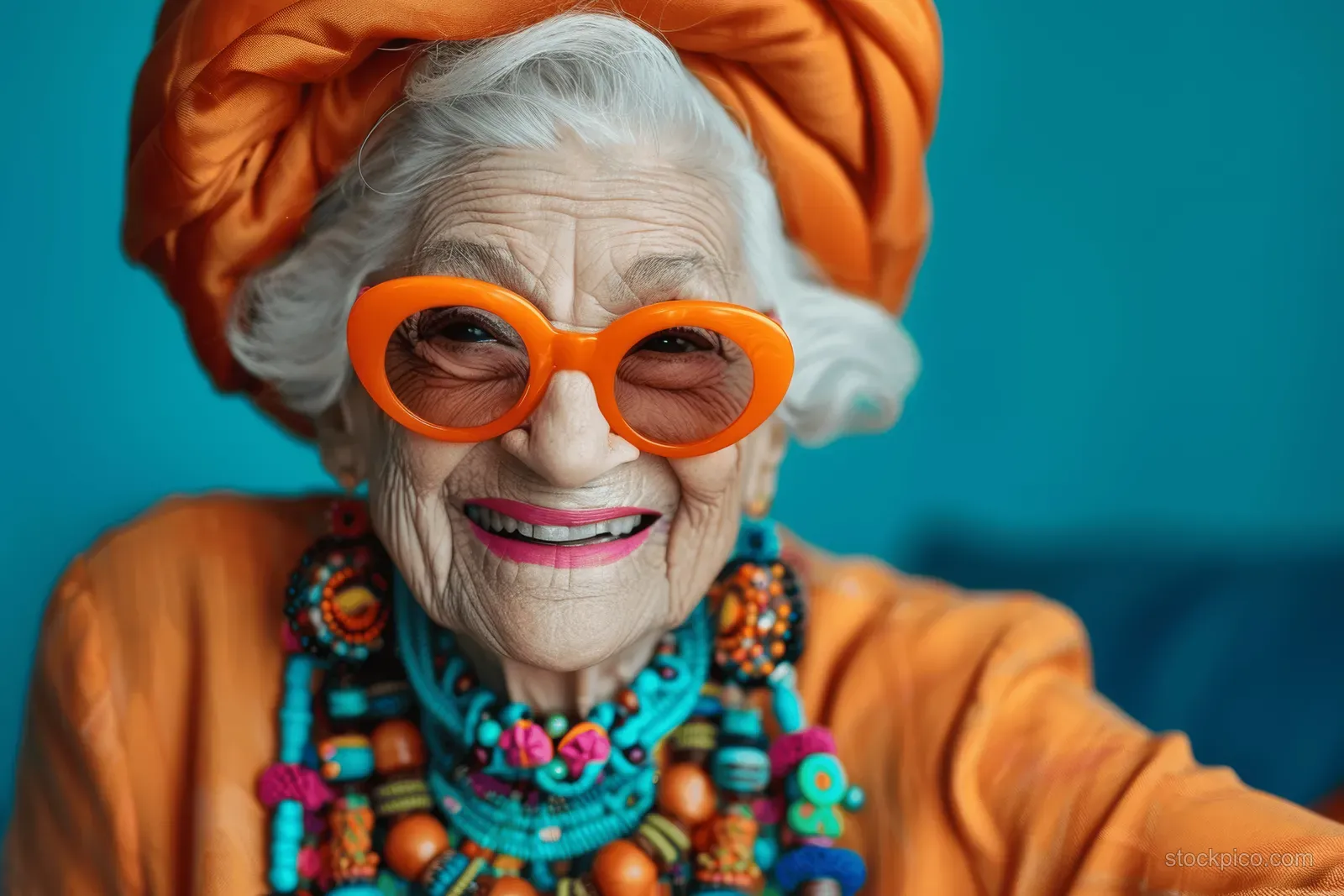 Elderly woman laughing in neon orange sunglasses and vibrant beaded necklace in a studio portrait.