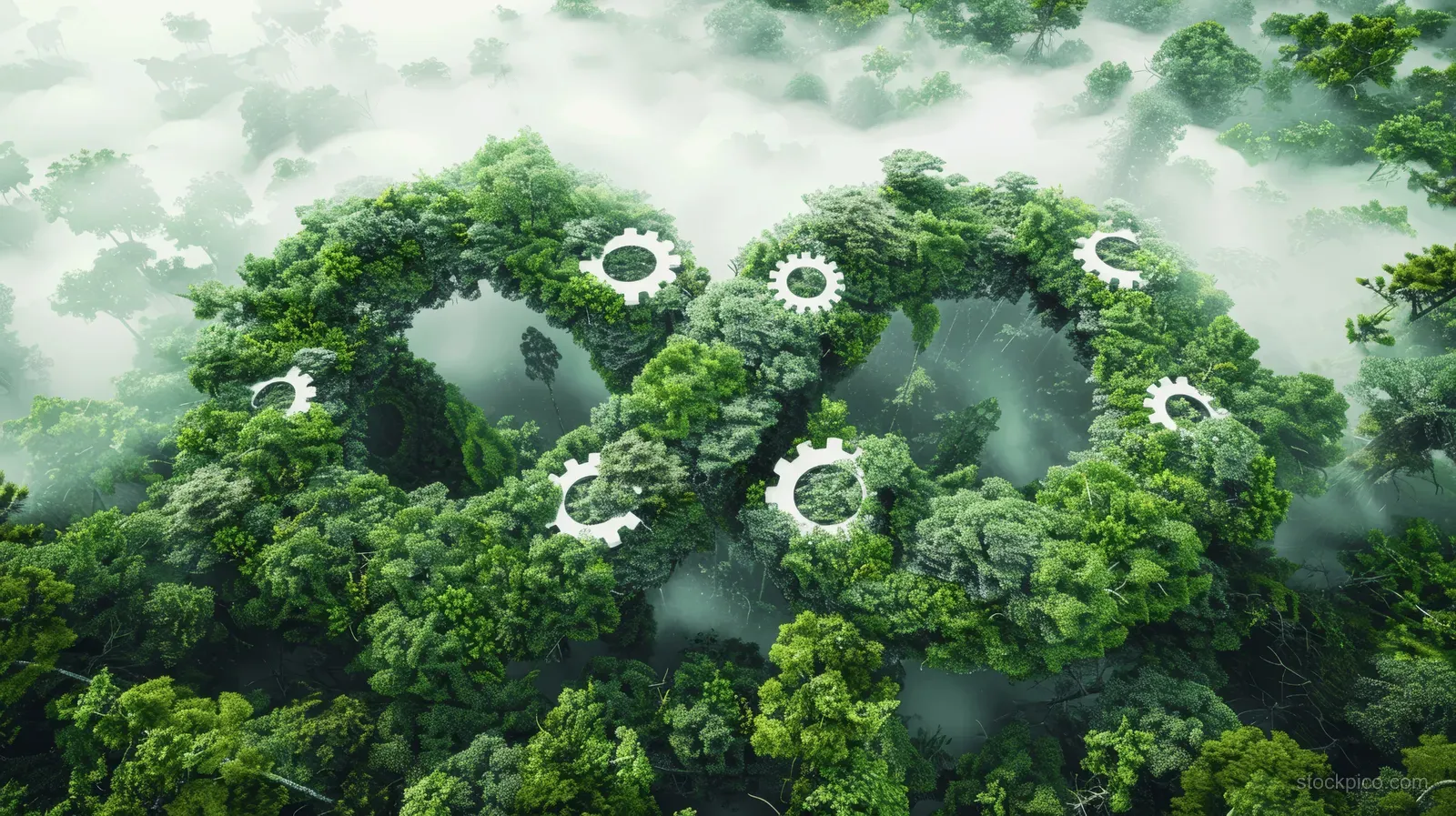 An aerial view shows a gear-made infinity symbol surrounded by misty, lush green forest.