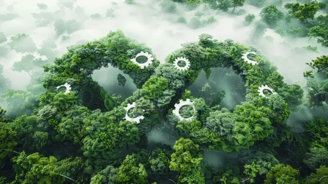 An aerial view shows a gear-made infinity symbol surrounded by misty, lush green forest.