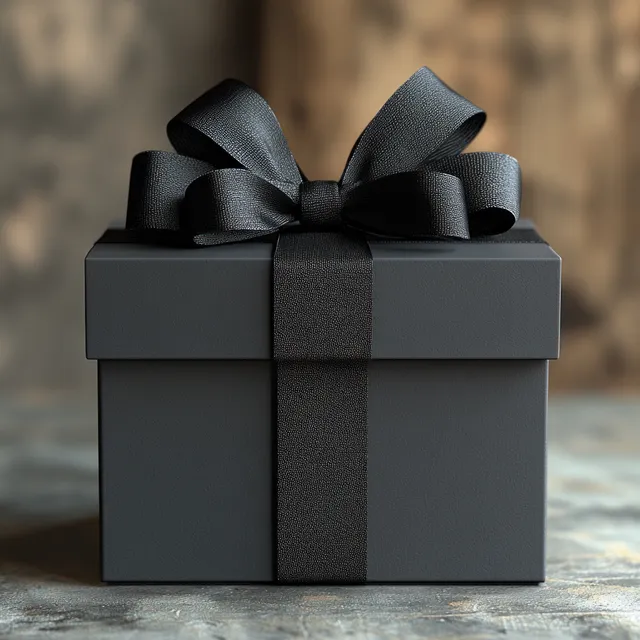Black round gift box with a glossy ribbon bow on a textured stone surface for a festive celebration.