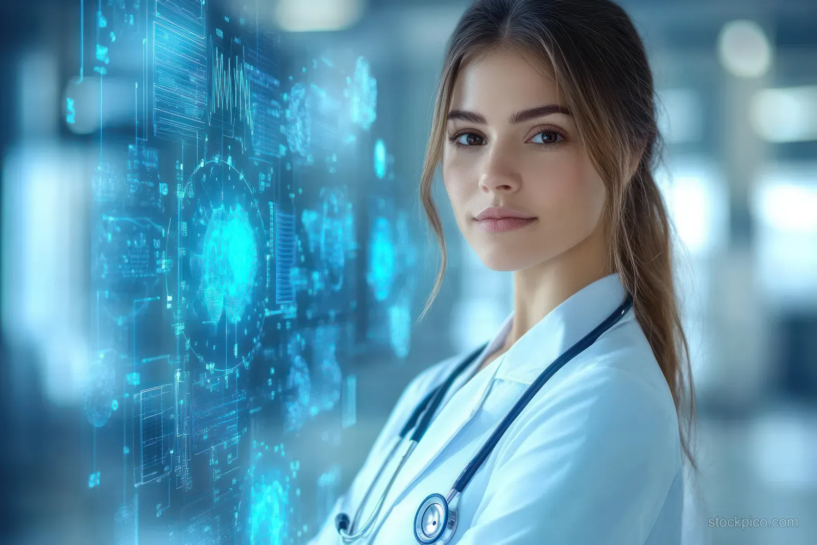 A female doctor stands with stethoscope arms crossed in a hospital corridor with glowing digital medical data display.