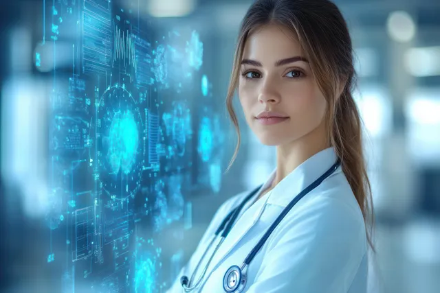 A female doctor stands with stethoscope arms crossed in a hospital corridor with glowing digital medical data display.