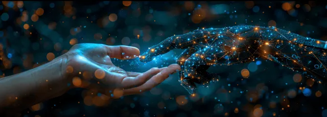Glowing AI and robot hands reaching through a virtual data network