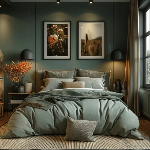 Mint and beige bed with pillows sits in a Scandinavian bedroom, lit by daylight near black lamps and framed artwork.