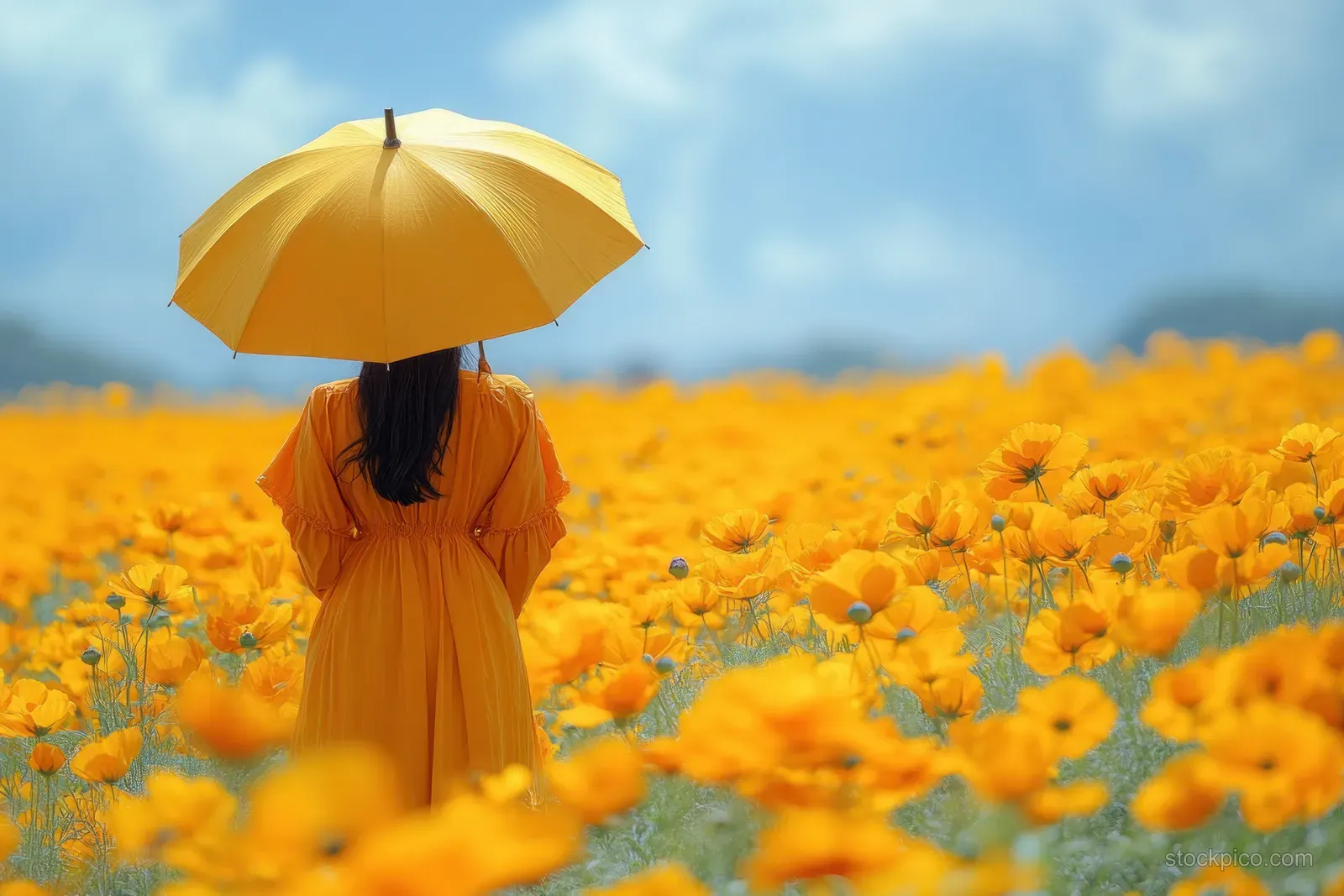 Woman in a yellow dress holds a bright umbrella while walking through a field of yellow flowers under blue sky.