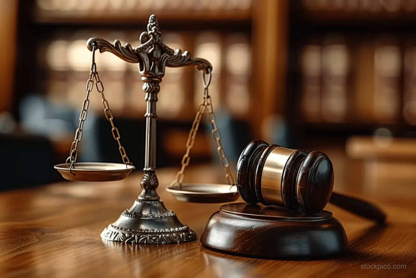 Gavel and scales of justice sit on a wooden courtroom table with blurred law books behind them.