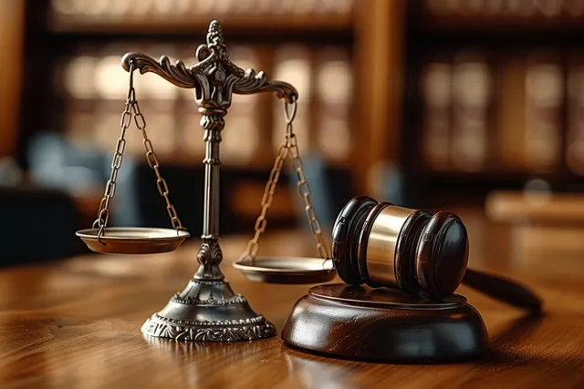 Gavel and scales of justice sit on a wooden courtroom table with blurred law books behind them.