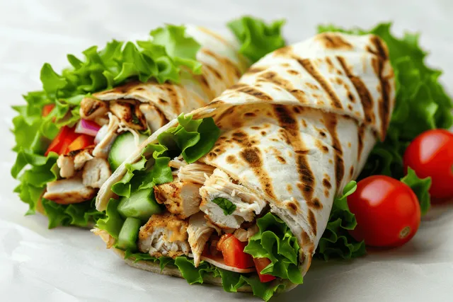 Chicken and tuna tortilla wrap with lettuce and tomatoes arranged on a clean white background.