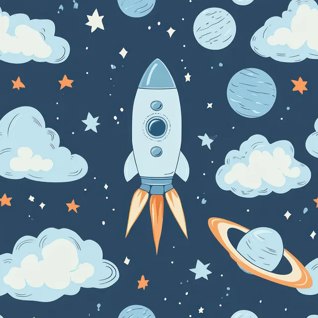 Cartoon rocket ship soaring through a starry night sky with planets, glowing flame, and fluffy clouds.