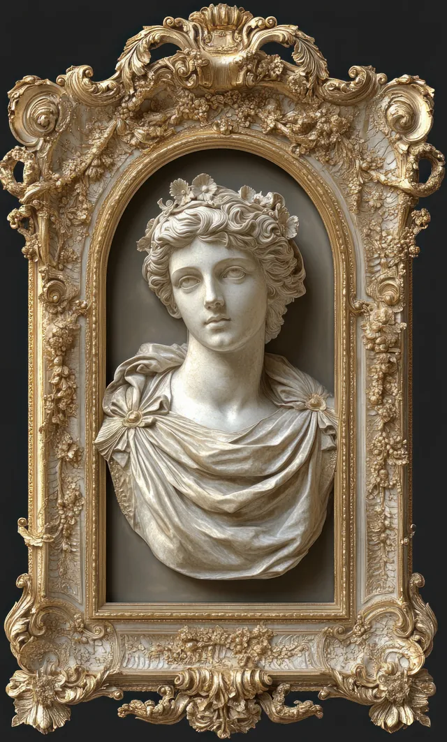 Marble bust of a serene young woman with a floral crown displayed in an ornate golden frame with floral scroll details.