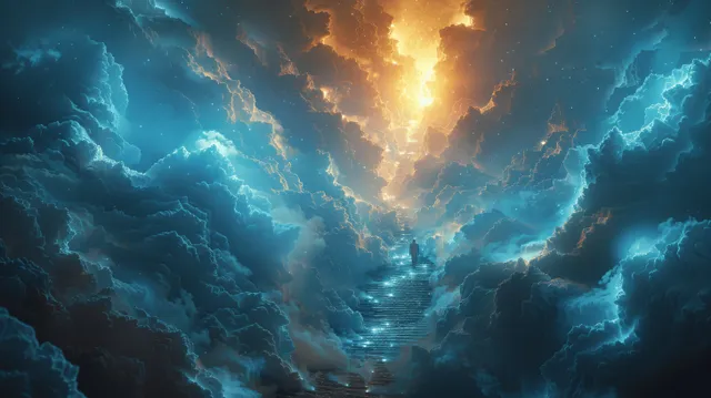 A man climbs a luminous staircase through storm clouds toward a radiant divine light in the sky.