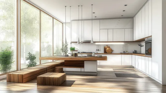 Minimal Scandinavian kitchen interior with white cabinets, warm wood accents, and bright natural light from tall windows.