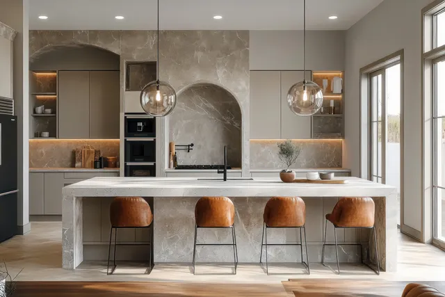 Sunlit minimalist kitchen with a marble island, four brown leather bar stools, arched backsplash, and glass pendant lights.