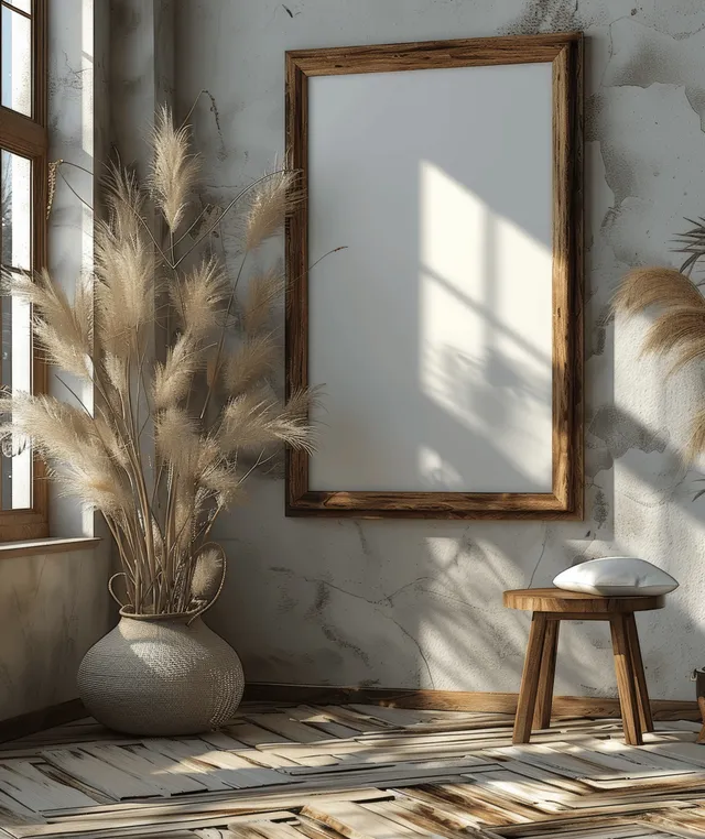 Vertical wooden picture frame mockup on plaster wall with sunlit shadows and floor textures