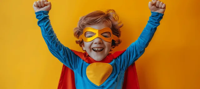 Laughing boy wearing superhero mask and cape with arms raised against yellow Halloween background