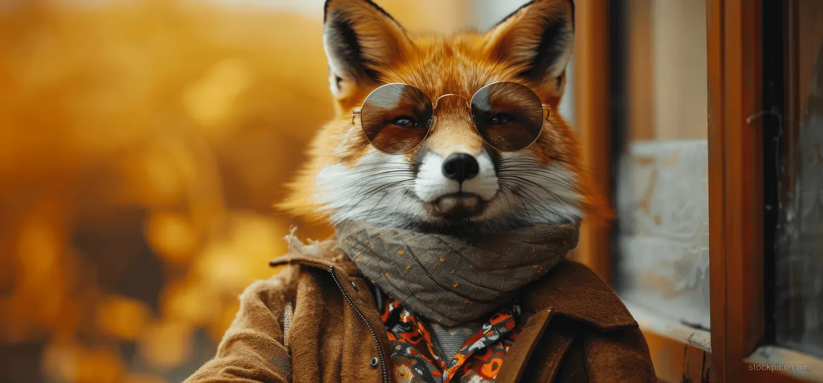 A stylish fox wearing sunglasses and a brown jacket poses indoors near a wooden doorway under warm light.