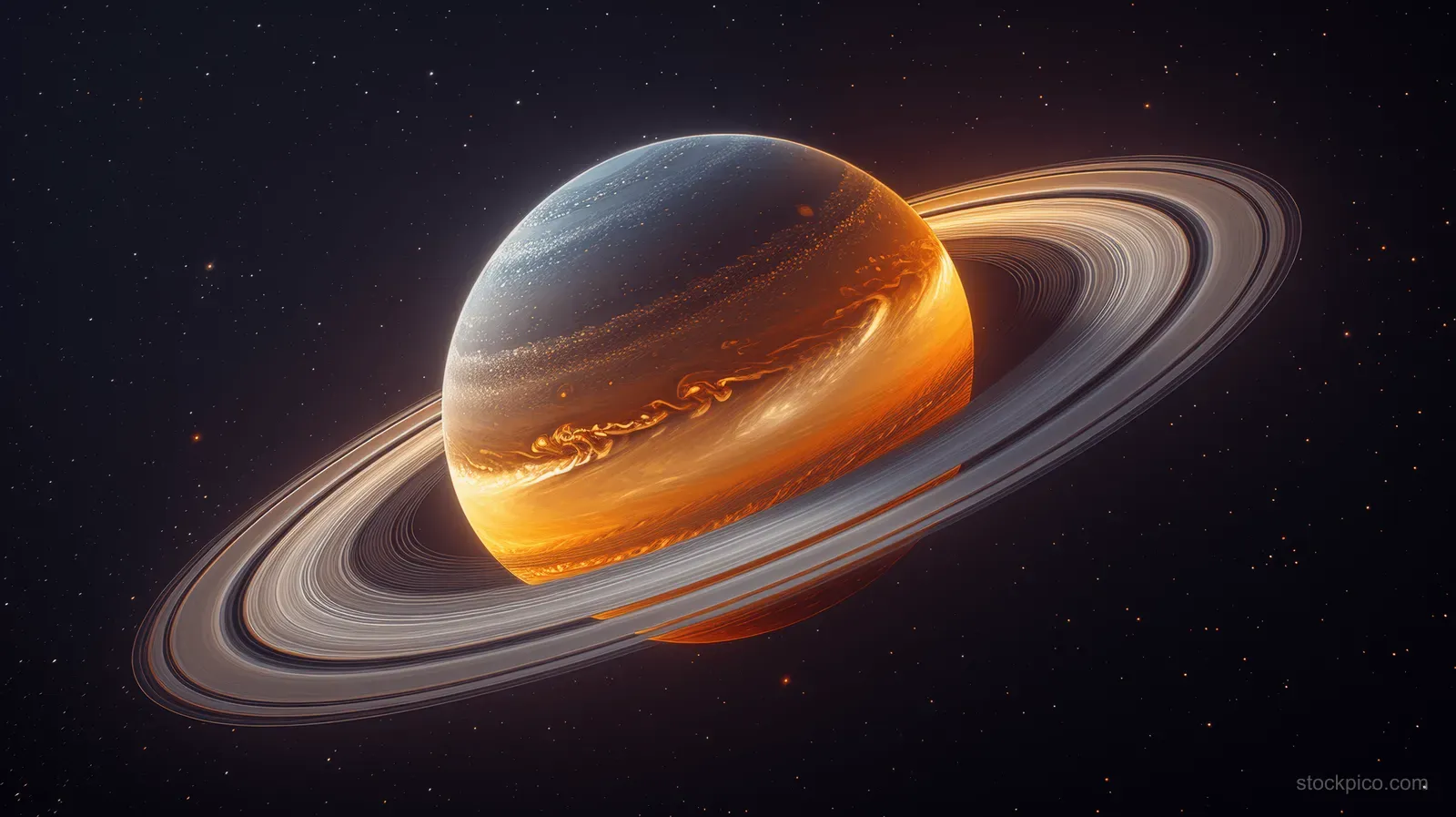 Saturn with luminous rings and a glowing atmosphere floating in deep space among faint stars.