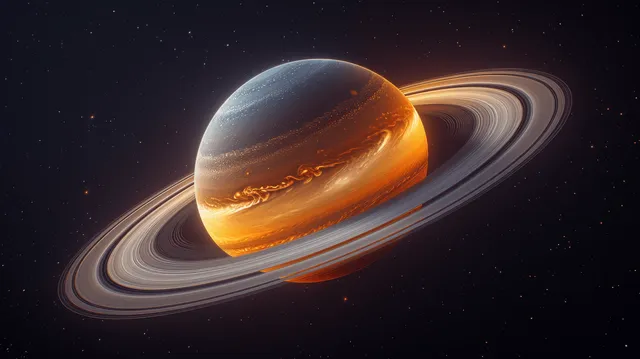 Saturn planet with glowing rings floating in deep space with faint stars