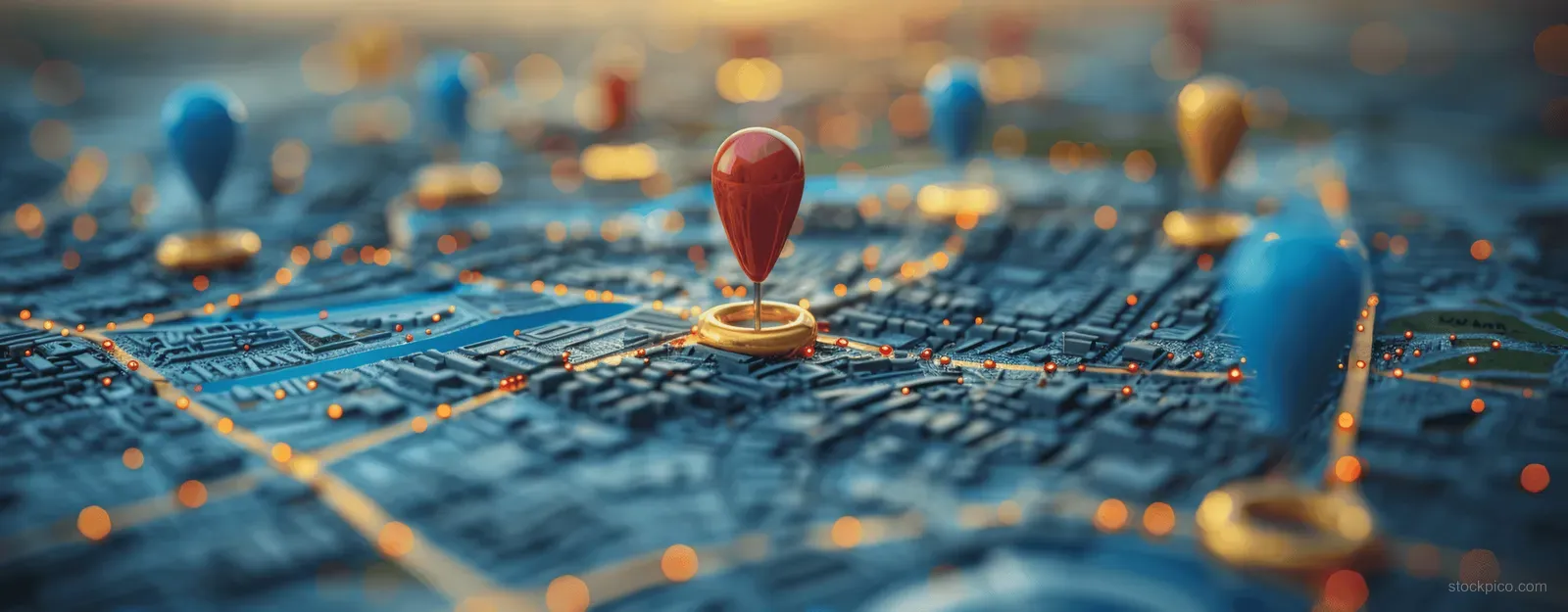 A 3D city map displays glowing route lines and colored location pins.