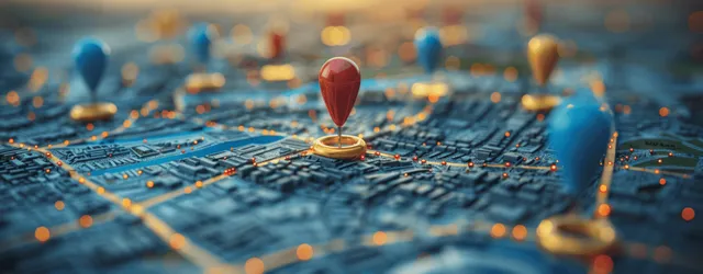 3D city map with route pins for navigation and transport tracking