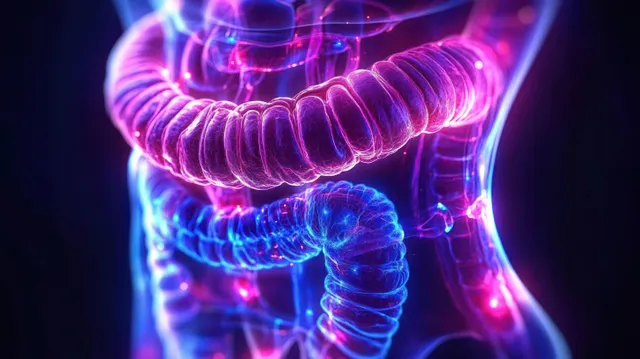 Neon purple and blue glowing intestines with detailed folds inside a transparent torso visualization.