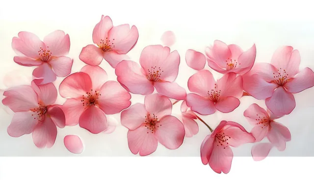 Pink cherry blossom flowers with translucent petals arranged on a bright white background.