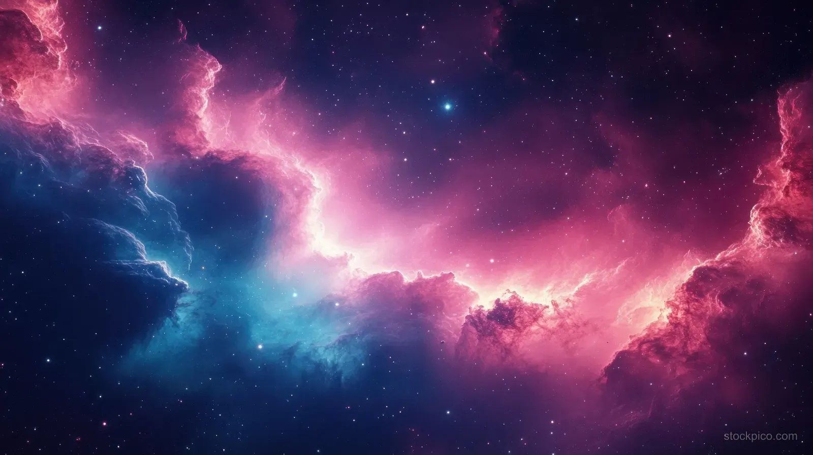 Pink and blue nebula clouds glow across a dark star-filled space.
