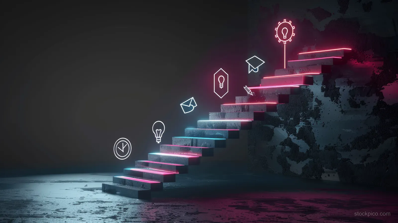 Neon pink staircase of steps rising upward with icons suggesting learning and planning in a dark scene.