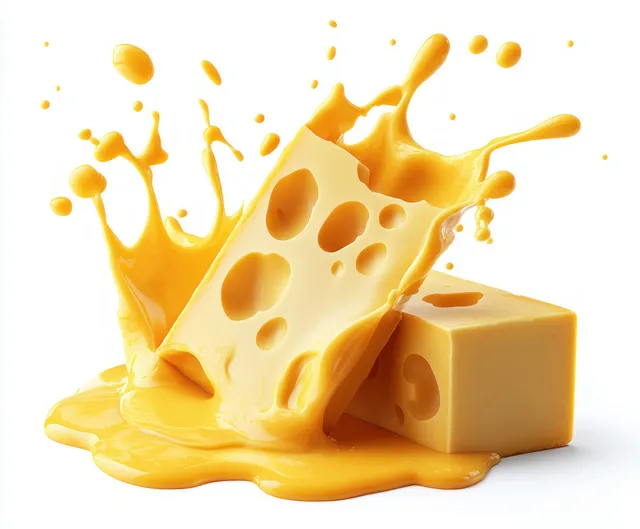Swiss cheese blocks surrounded by a bright yellow melted cheese splash on a white studio background.