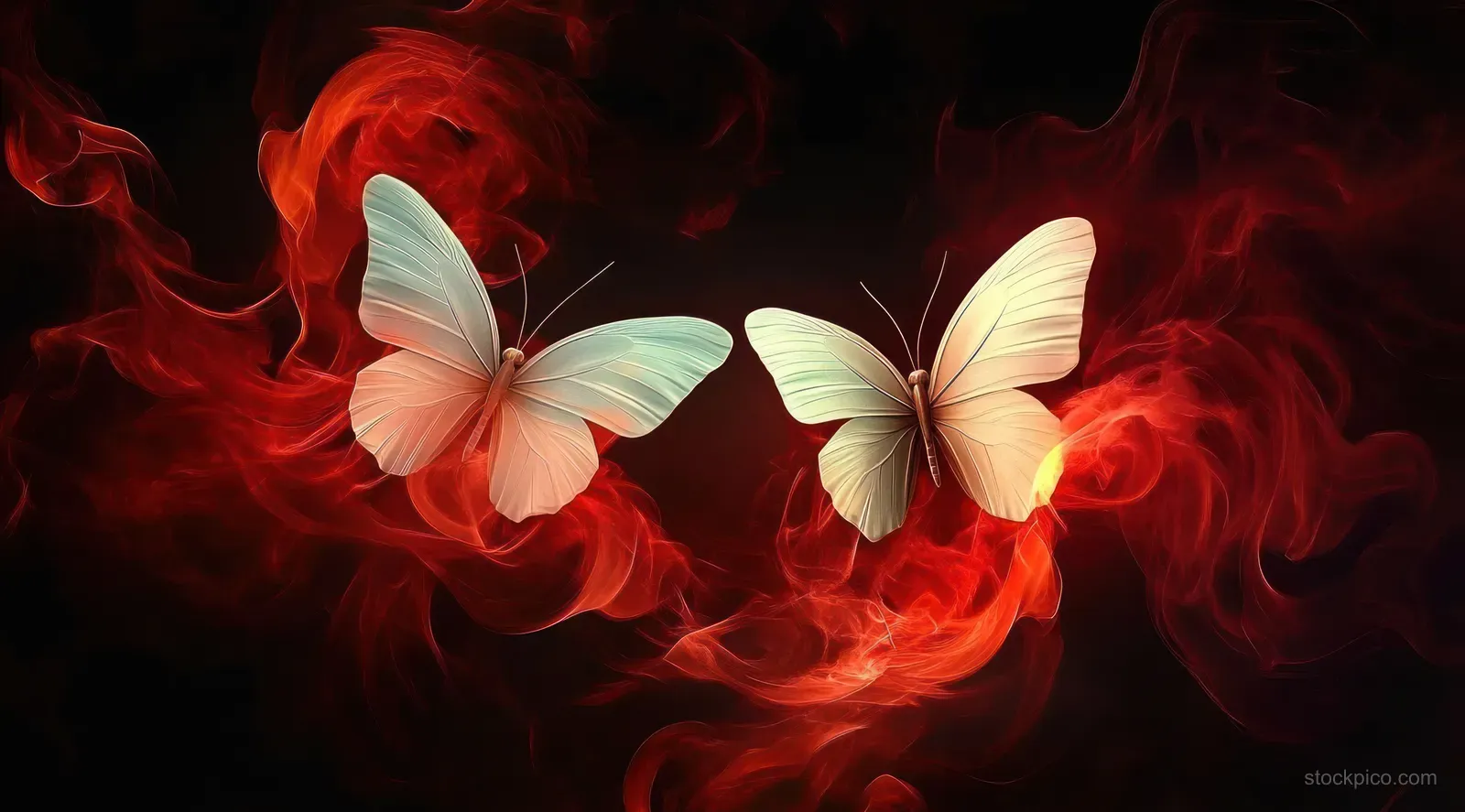 Two pale butterflies hover amid swirling red and orange smoke on a dark background.