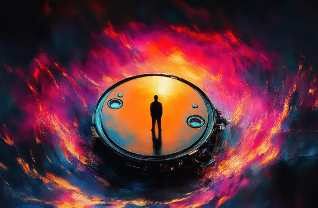 Silhouette person standing on reflective circular platform amid fiery orange pink purple light