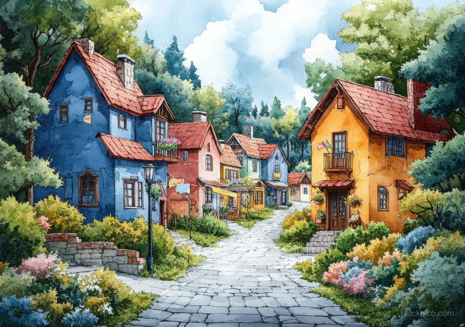 Whimsical illustrated village street with colorful houses, cobblestone path, trees, and soft clouds overhead.
