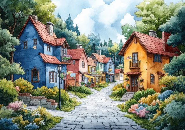 Colorful fairy-tale village street with quaint houses and a cozy cafe under soft clouds