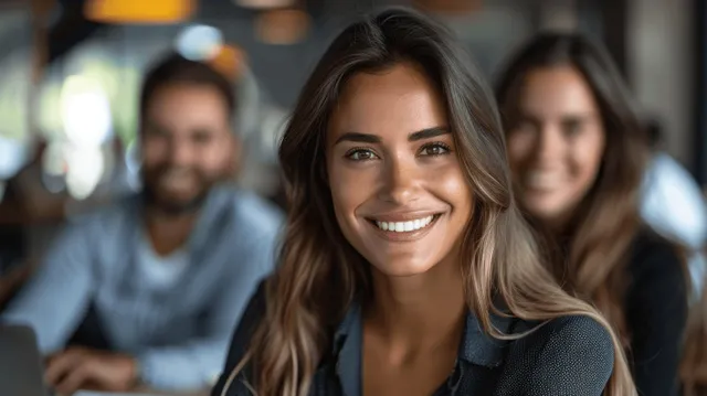Smiling woman leads laptop meeting as colleagues collaborate in bright office with natural light