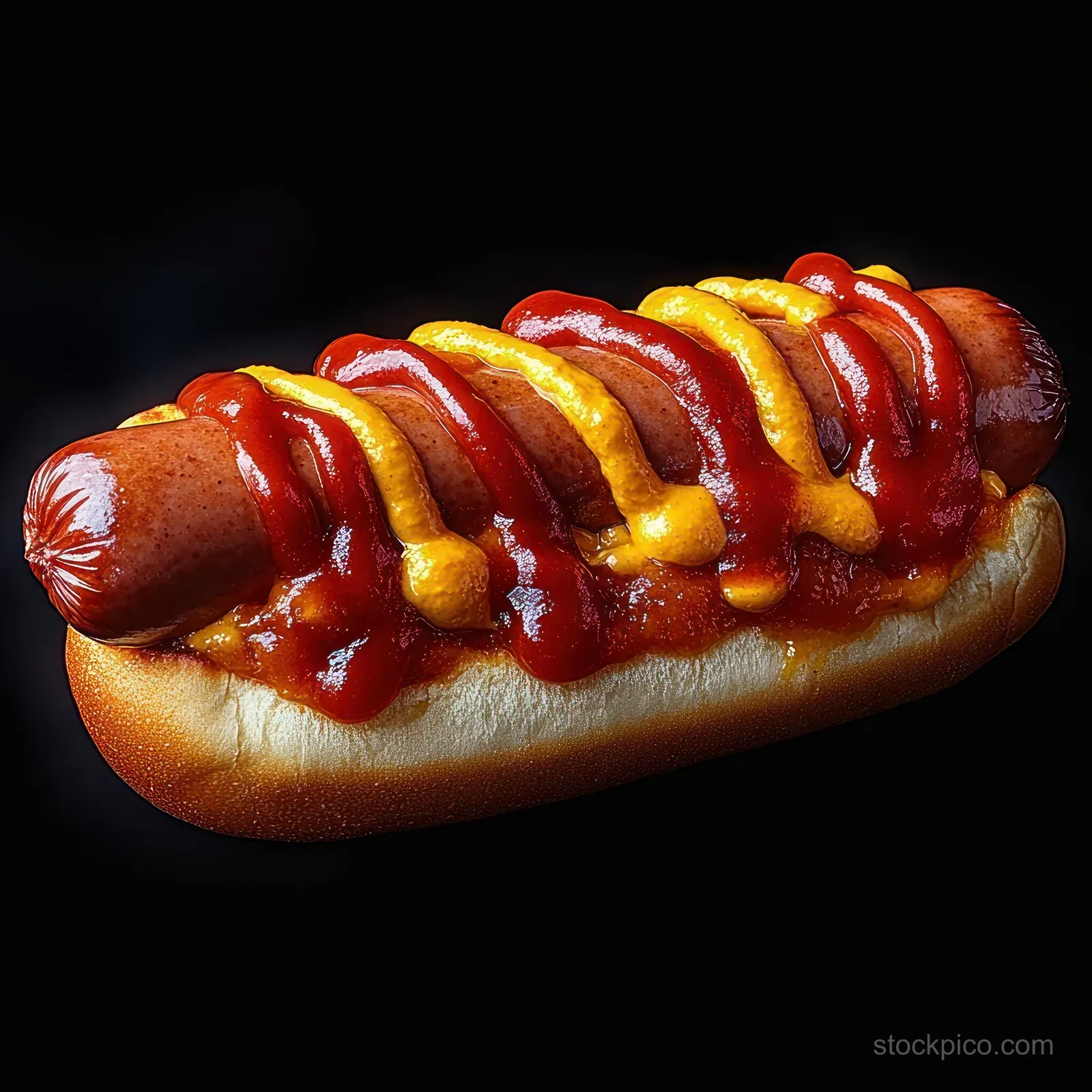 A hot dog in a soft bun topped with zigzag ketchup and mustard on a black background.