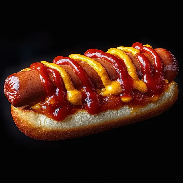 A hot dog in a soft bun topped with zigzag ketchup and mustard on a black background.