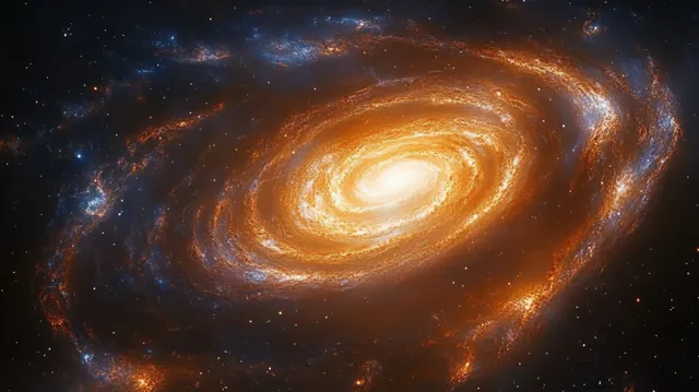 A spiral galaxy with a glowing yellow center and swirling blue-orange arms stretches across dark deep space.