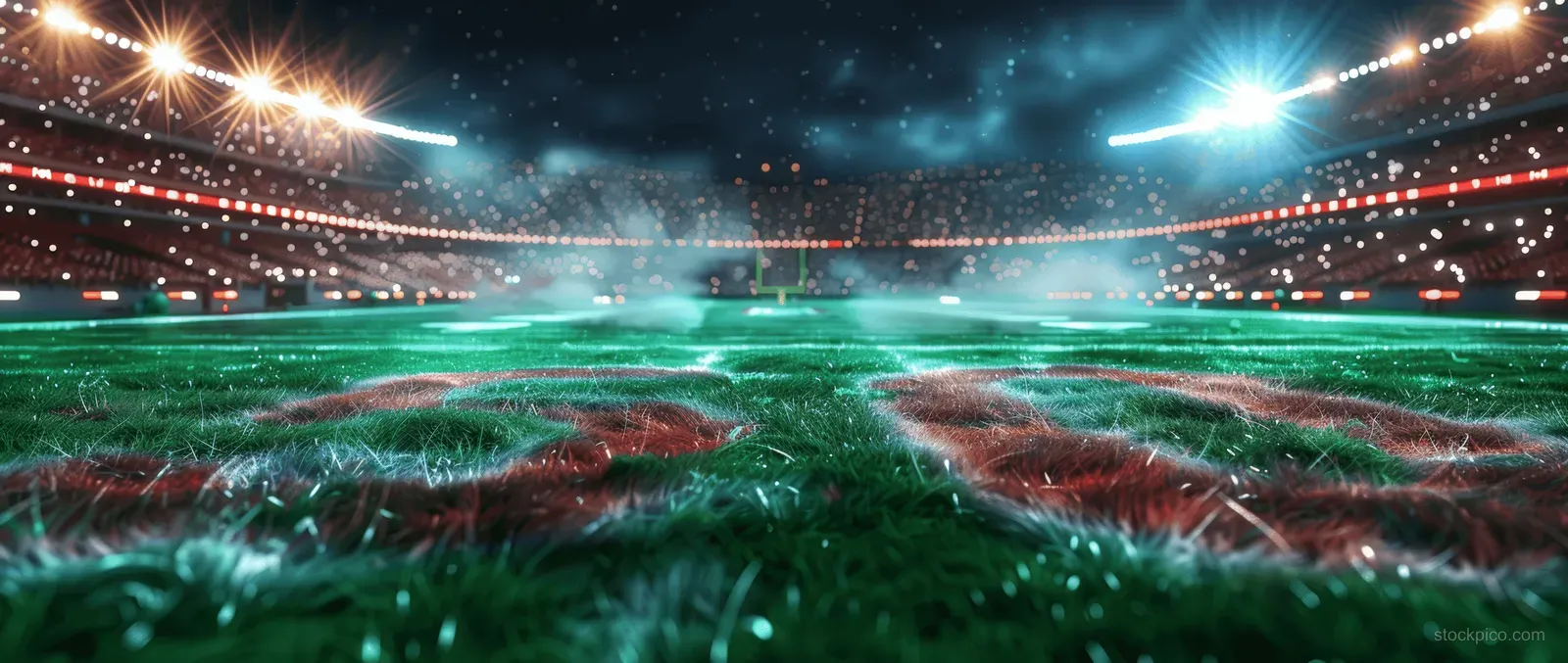 Night football stadium with bright spotlights over green turf and midfield area marked by number 50.