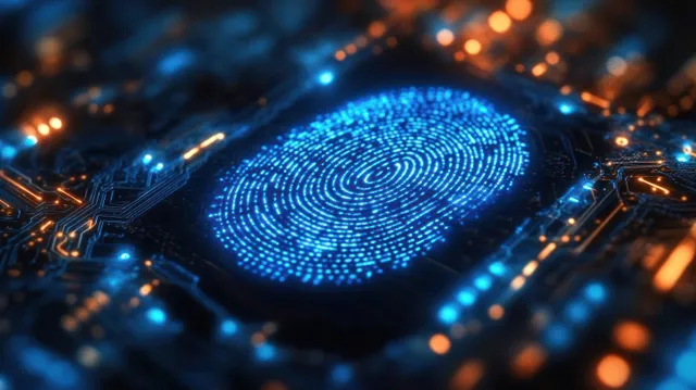 Glowing fingerprint scan pattern centered on a futuristic blue circuit board interface with digital lights.