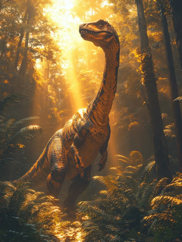 An Iguanodon walks through a misty prehistoric jungle with golden sunbeams and dense ferns.